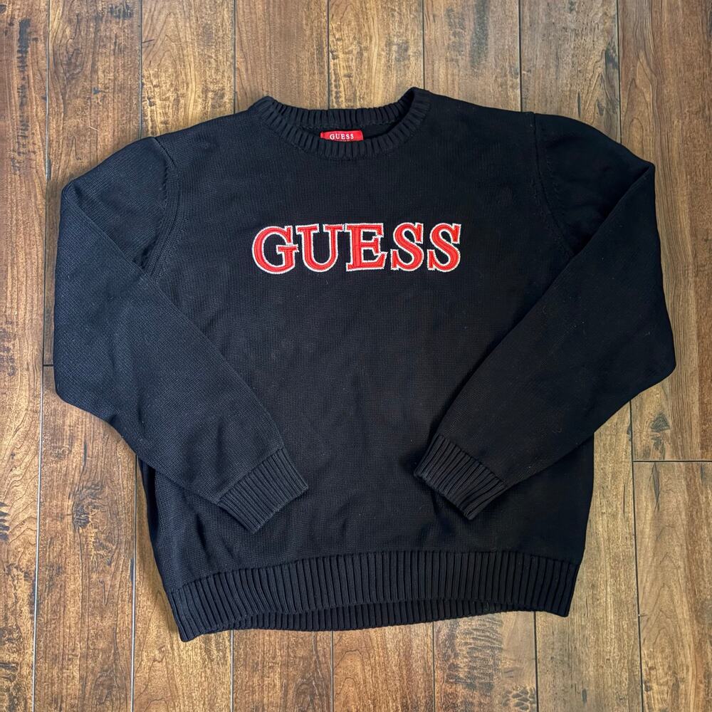 Y2K Guess Knit Sweater Mens XXL Black Red Spellout Logo 2000s Pullover Crewneck